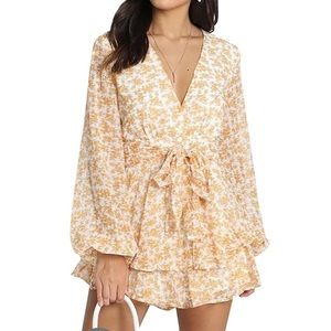 For Love & Lemons Ruffle Hem Floral Romper Long Sleeve Tie Waist Shorts White